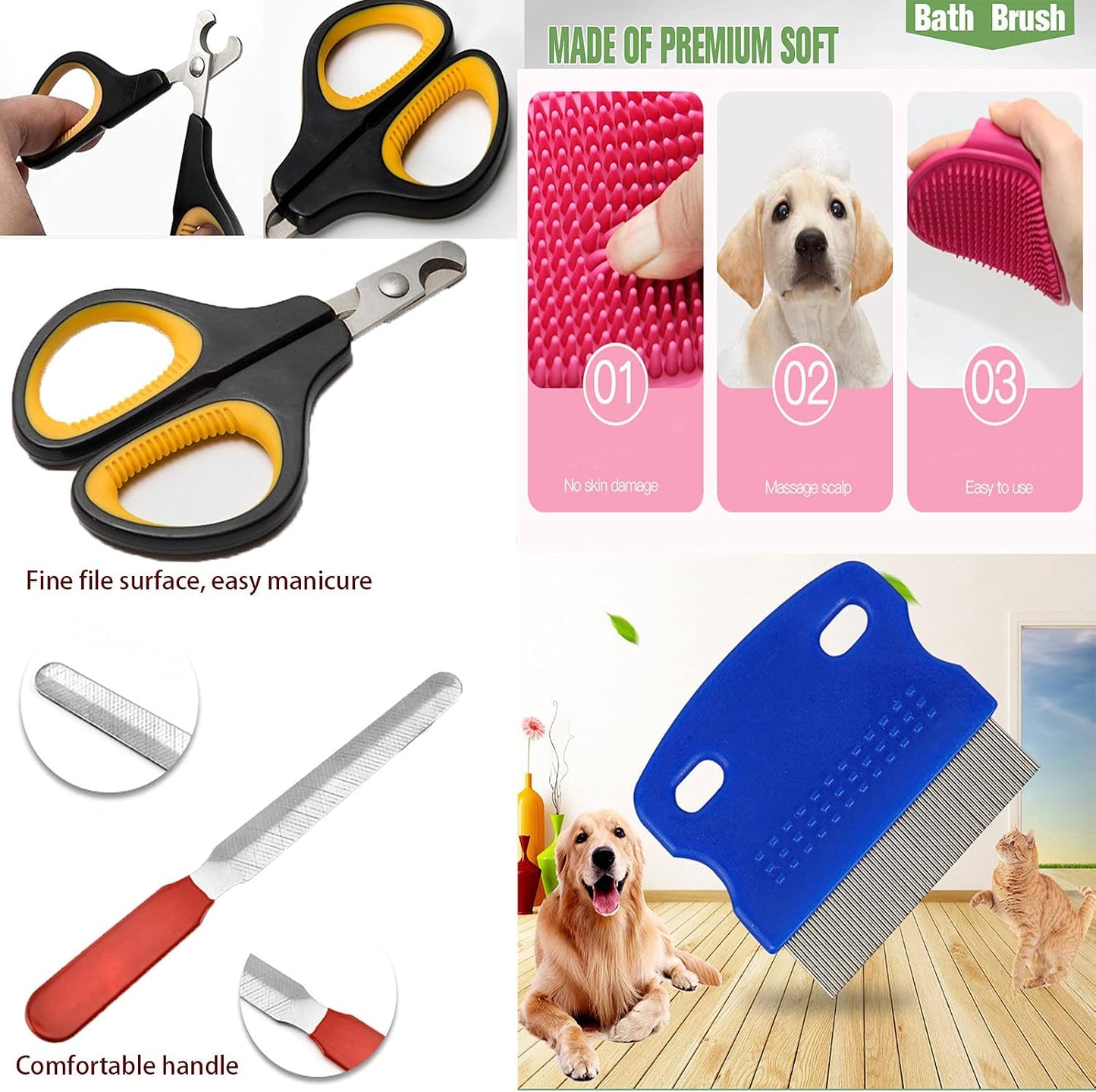 Cat Bathing Grooming Shower Net Bag Adjustable Multifunctional Breathable Anti-Bite and Anti-Scratch Restraint with Pets Nail Clippers and Trimmers for Cat’S Bathing Cleaning Tools (5Pcs Green)