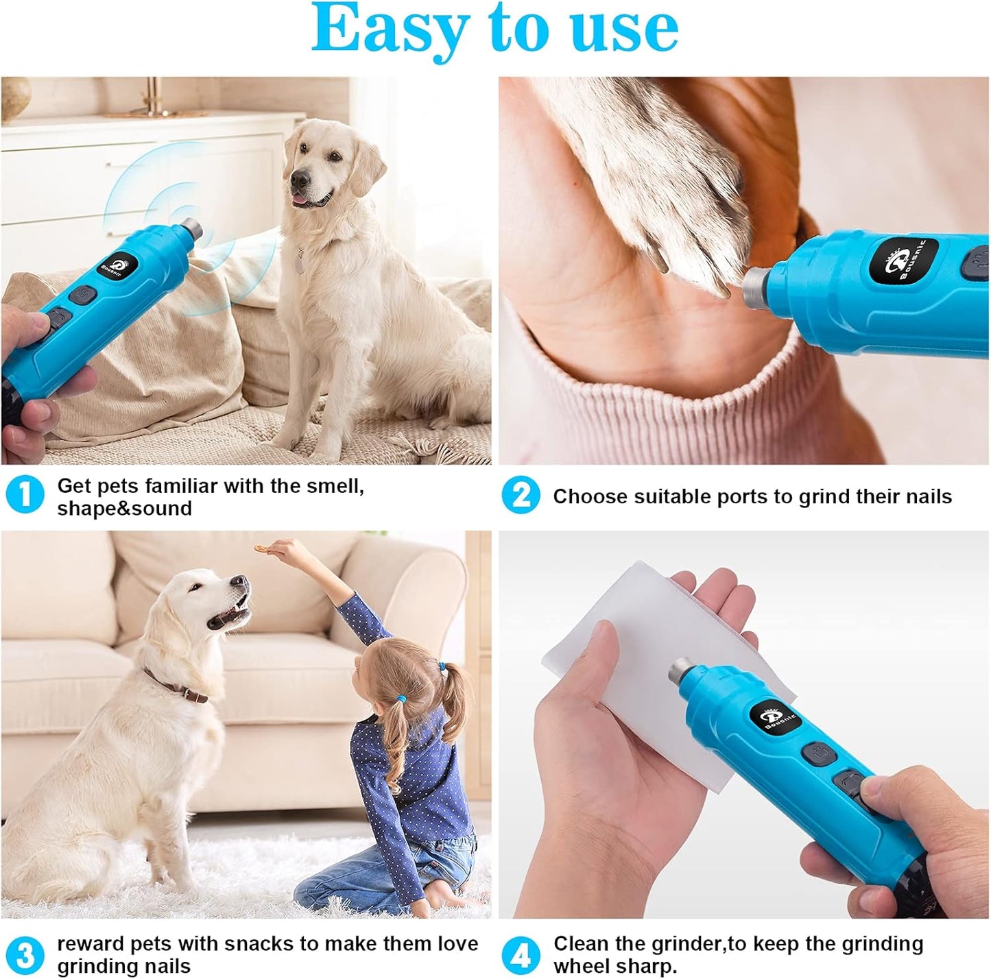 Dog Nail Grinder with 2 LED Light - Super Quiet Pet Nail Grinder Powerful 2-Speed Electric Dog Nail Trimmer File Toenail Grinder for Puppy Small Medium Large Breed Dogs & Cats (Blue)