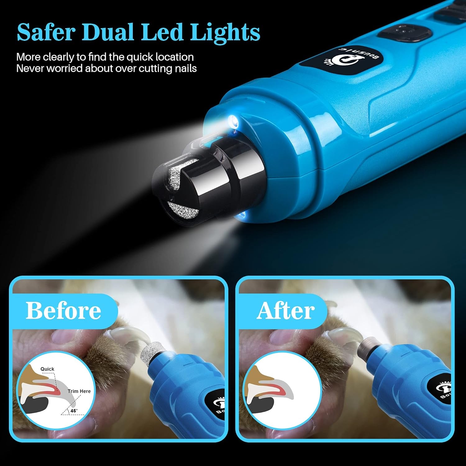 Dog Nail Grinder with 2 LED Light - Super Quiet Pet Nail Grinder Powerful 2-Speed Electric Dog Nail Trimmer File Toenail Grinder for Puppy Small Medium Large Breed Dogs & Cats (Blue)
