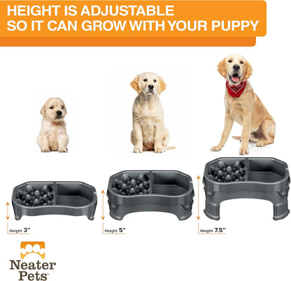 – Neater Raised Slow Feeder Dog Bowl – Elevated and Adjustable Food Height - (Double Diner, Gunmetal)
