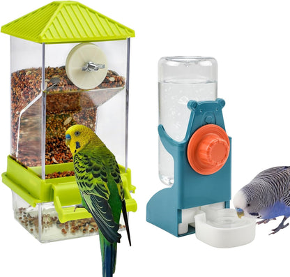 No Mess Bird Water Feeder Dispenser Set Automatic Bird Feeder for Cage Transparent Food Container for Cage Acrylic Parrot Seed Feeders Accessories for Small Birds Parrot Cockatoo Canary