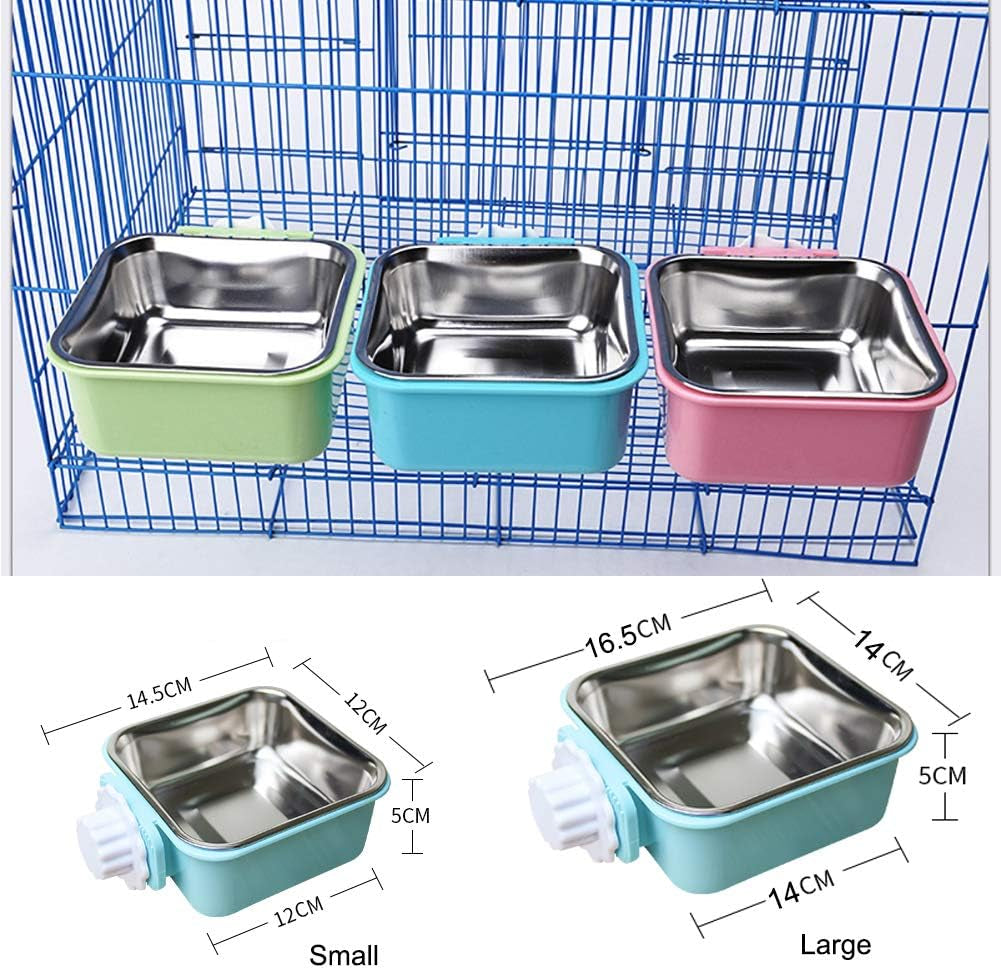 Crate Dog Bowl, Removable Stainless Steel Water Food Feeder Bowls Hanging Pet Cage Bowl Cage Coop Cup for Dogs Cats Puppy Rabbits Bird and Small Pets (Large (Pack of 2), Square (Green+Pink))