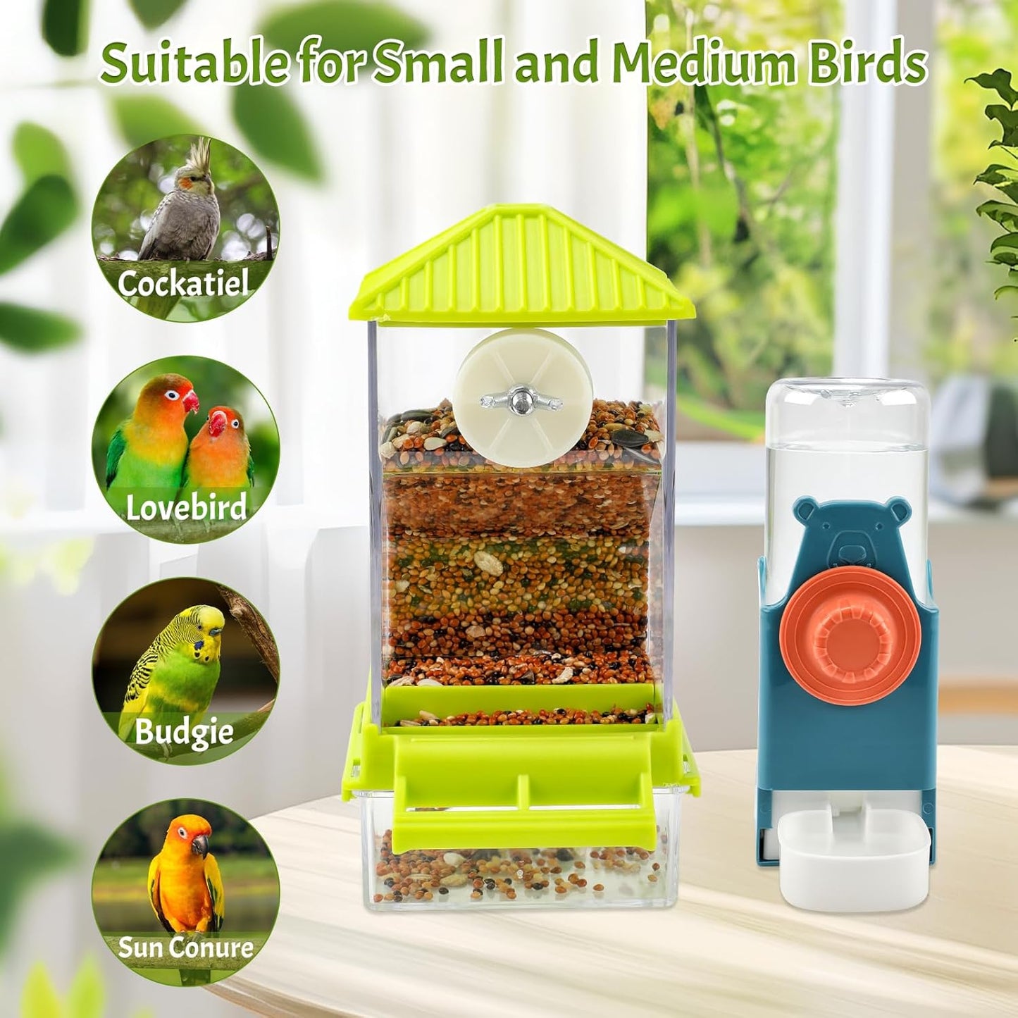 No Mess Bird Water Feeder Dispenser Set Automatic Bird Feeder for Cage Transparent Food Container for Cage Acrylic Parrot Seed Feeders Accessories for Small Birds Parrot Cockatoo Canary