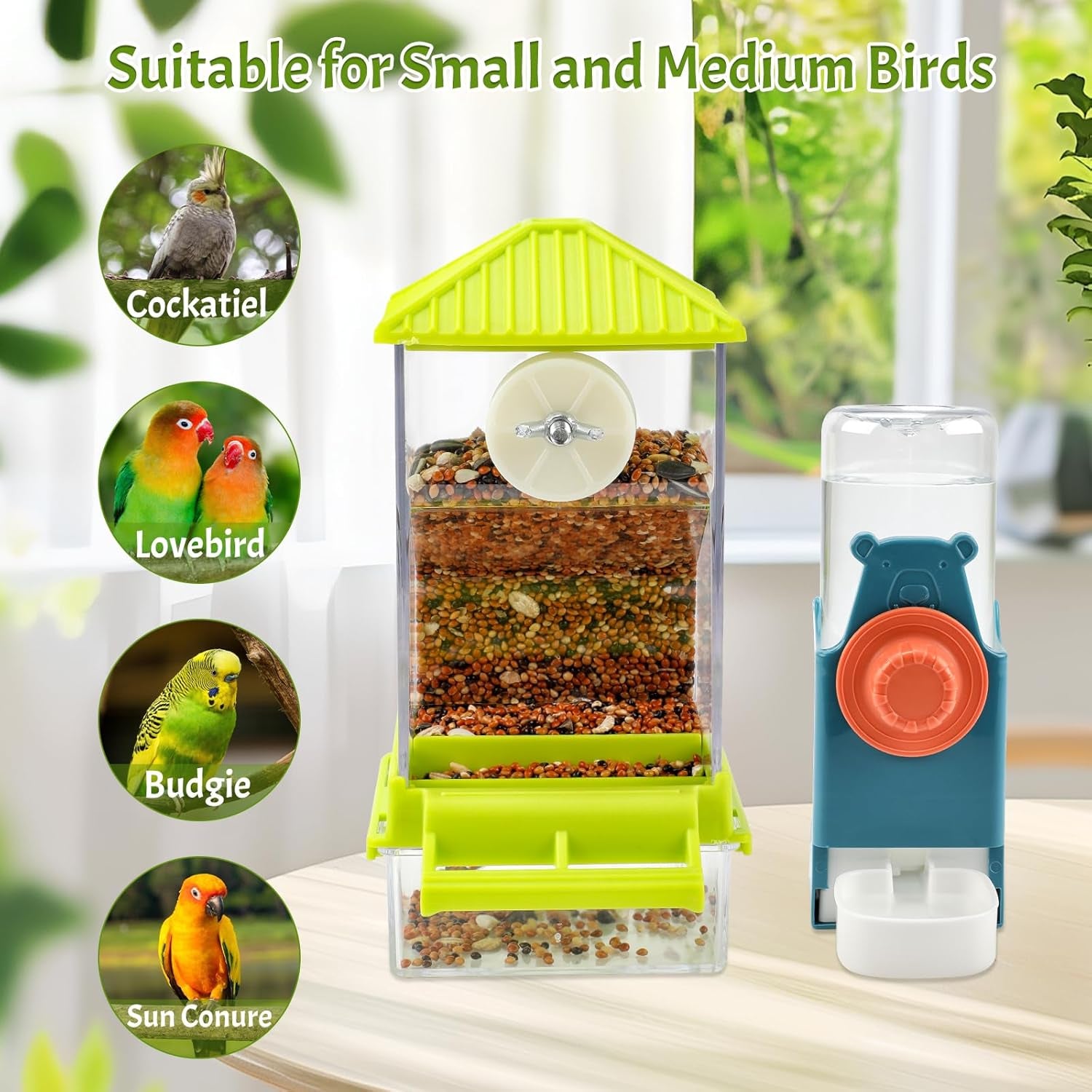 No Mess Bird Water Feeder Dispenser Set Automatic Bird Feeder for Cage Transparent Food Container for Cage Acrylic Parrot Seed Feeders Accessories for Small Birds Parrot Cockatoo Canary