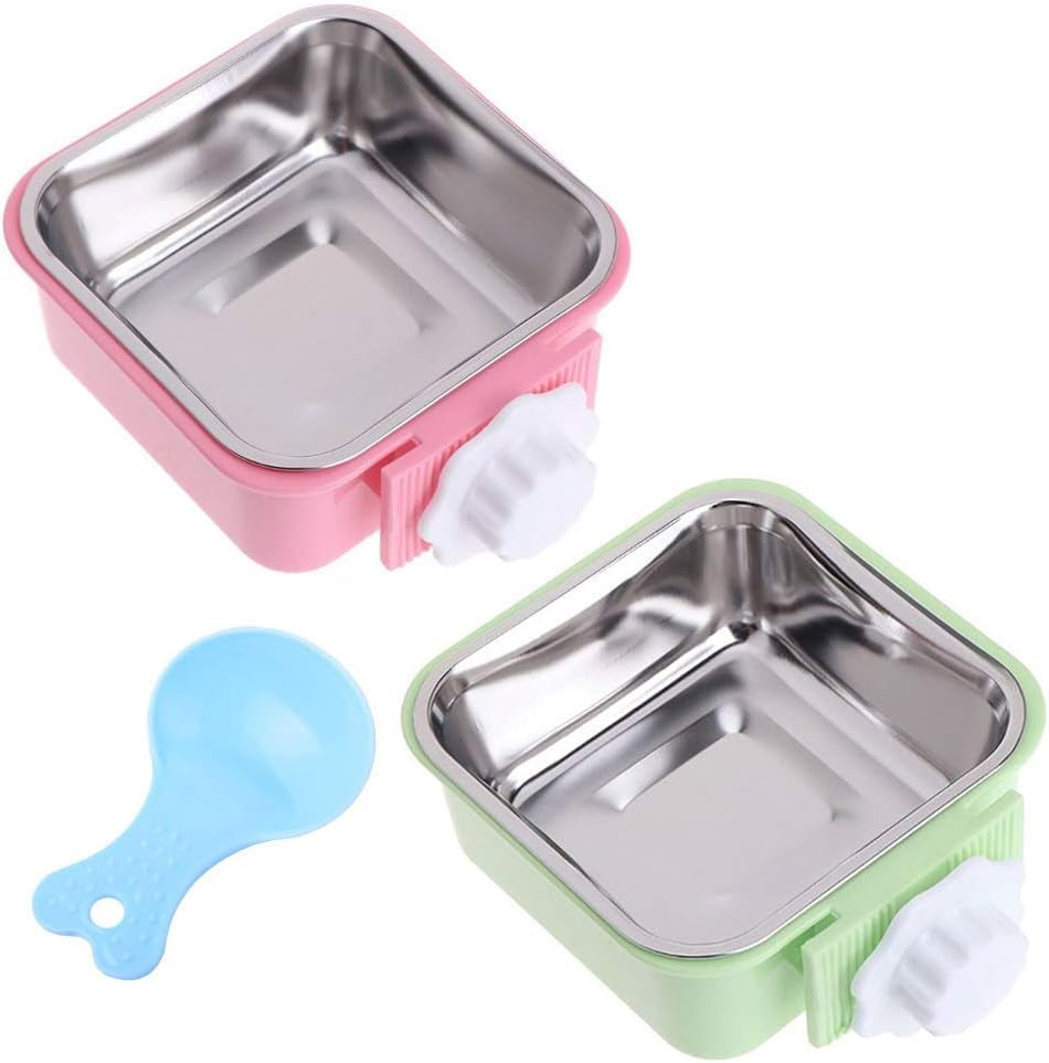 Crate Dog Bowl, Removable Stainless Steel Water Food Feeder Bowls Hanging Pet Cage Bowl Cage Coop Cup for Dogs Cats Puppy Rabbits Bird and Small Pets (Large (Pack of 2), Square (Green+Pink))