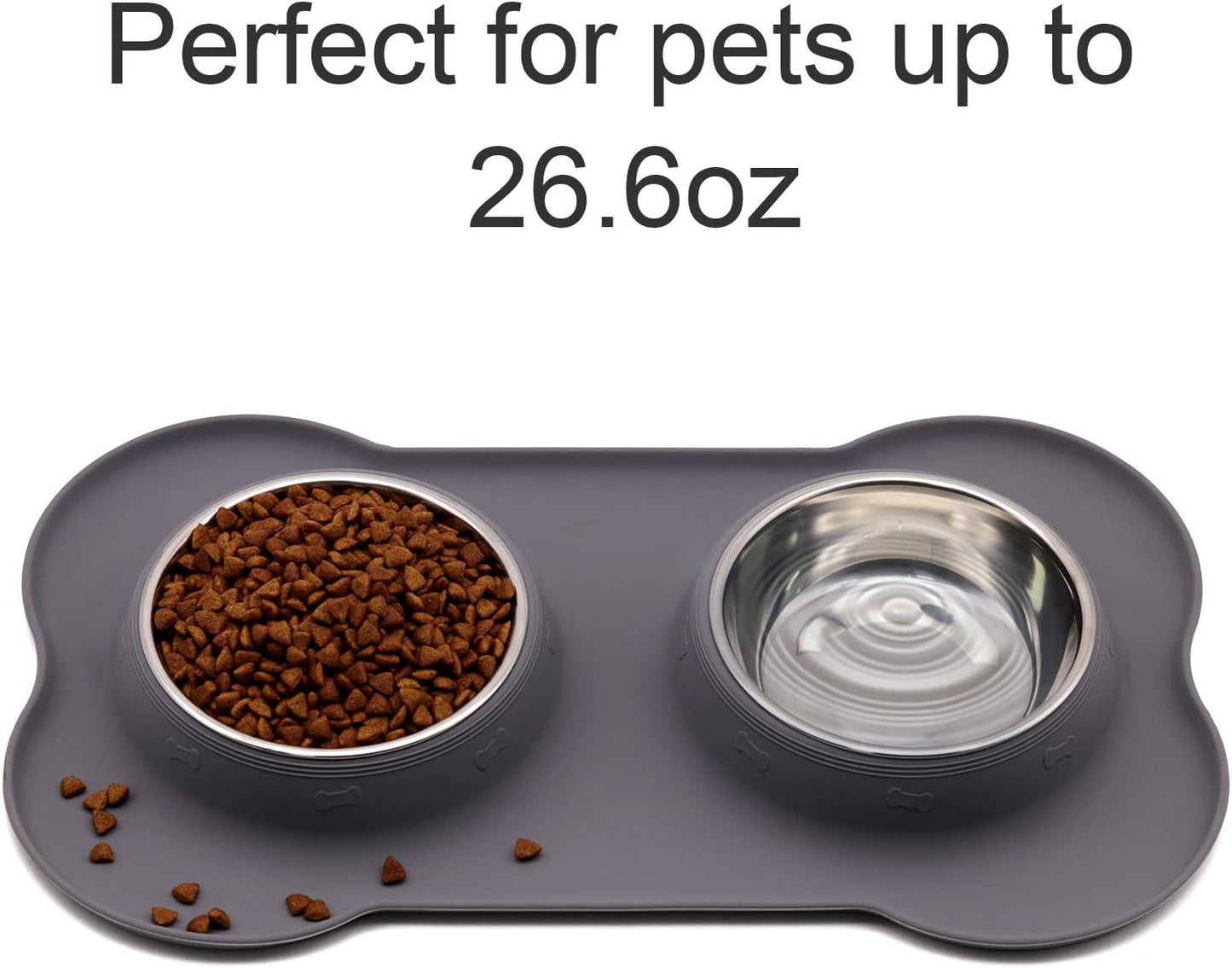 M&J Bone-Shaped Dog Bowl Stainless Steel Dog Bowl, 2 Medium-Sized Bowls (13.3 Ounces Each) Leak-Free, Non-Slip Silicone Pad, Used for Small Dogs, Pets, Cats Feeding Bowls,Gray