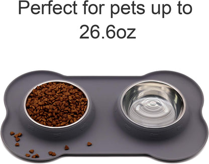 M&J Bone-Shaped Dog Bowl Stainless Steel Dog Bowl, 2 Medium-Sized Bowls (13.3 Ounces Each) Leak-Free, Non-Slip Silicone Pad, Used for Small Dogs, Pets, Cats Feeding Bowls,Gray