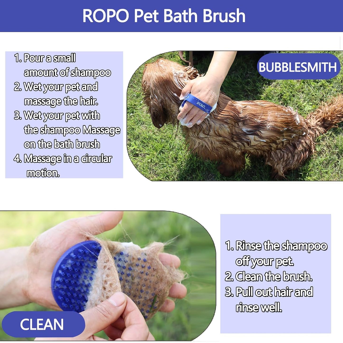 Dog Bath Brush,  Rubber Massage Dog Shampoo Brush, Used for Pet Grooming, Removing Shedding Fur, Combing Tangles and Dead Fur, Suitable for Pet Dogs and Cats (Blue)