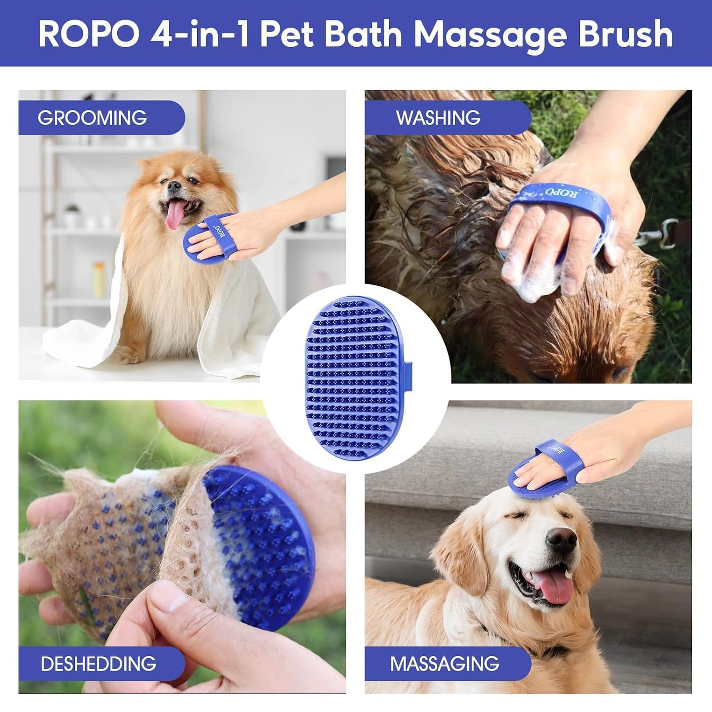 Dog Bath Brush,  Rubber Massage Dog Shampoo Brush, Used for Pet Grooming, Removing Shedding Fur, Combing Tangles and Dead Fur, Suitable for Pet Dogs and Cats (Blue)