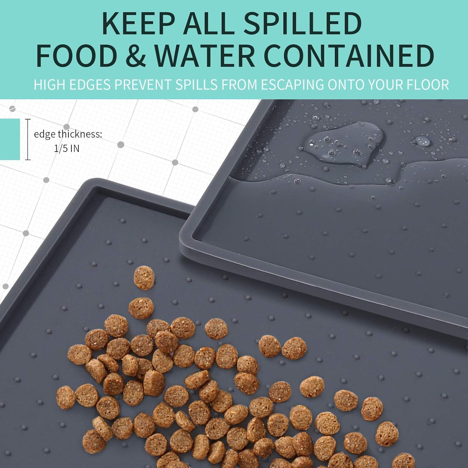 Silicone Dog Food Mat - Waterproof Dog Bowl Mats for Food and Water Bowls, Raised Edges Non-Slip Cat Food Mat, BPA Free Pet Mats for Dog Bowls (Small, Gray)