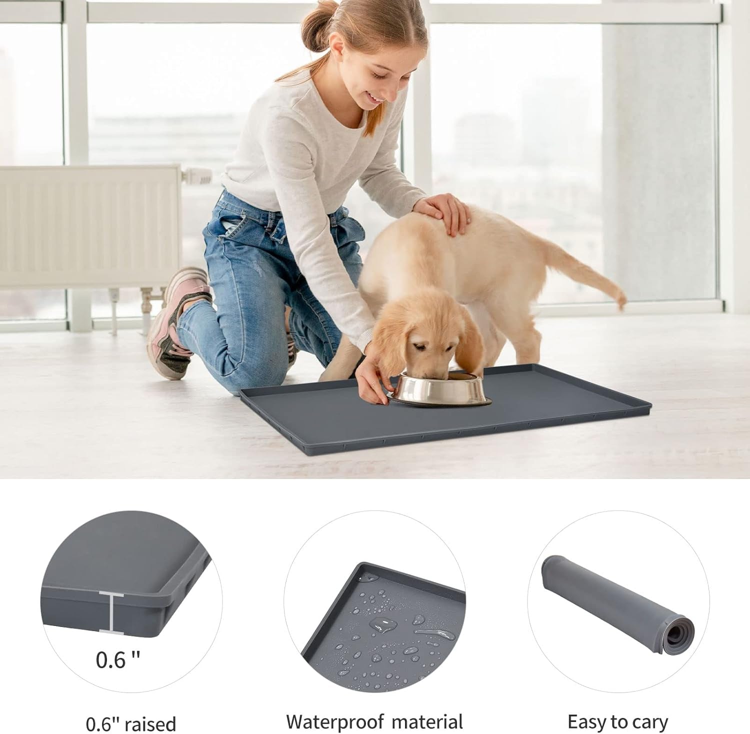Dog Food Mat,Silicone Waterproof Food Tray,Non Slip Pet Bowl Mats Placemat,0.6" Raised Edge,Suitable for Most Small and Medium Sized Pets,24" X 16"