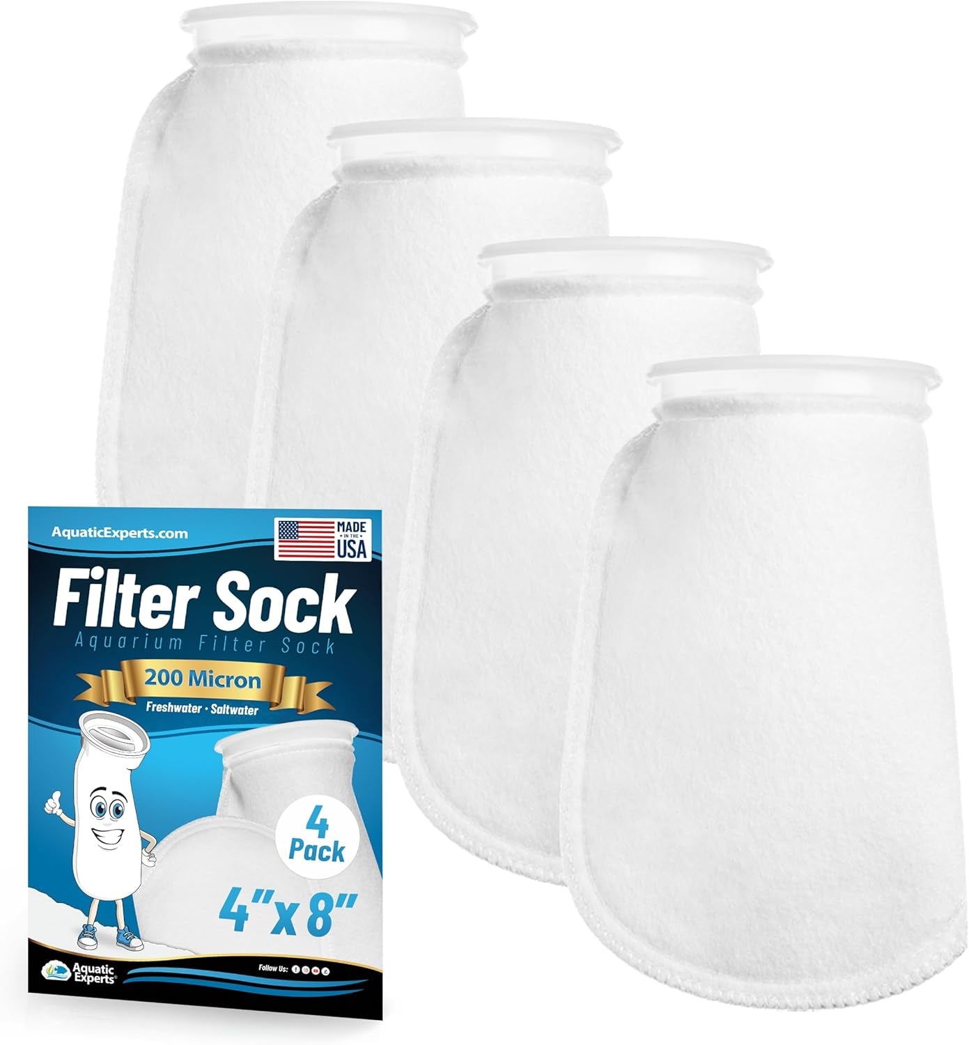 Felt Filter Socks – 4 Inch Ring Style, 200 Micron Aquarium Filter Sock for Sumps & Aquariums (4" X 8", 4 Pack)