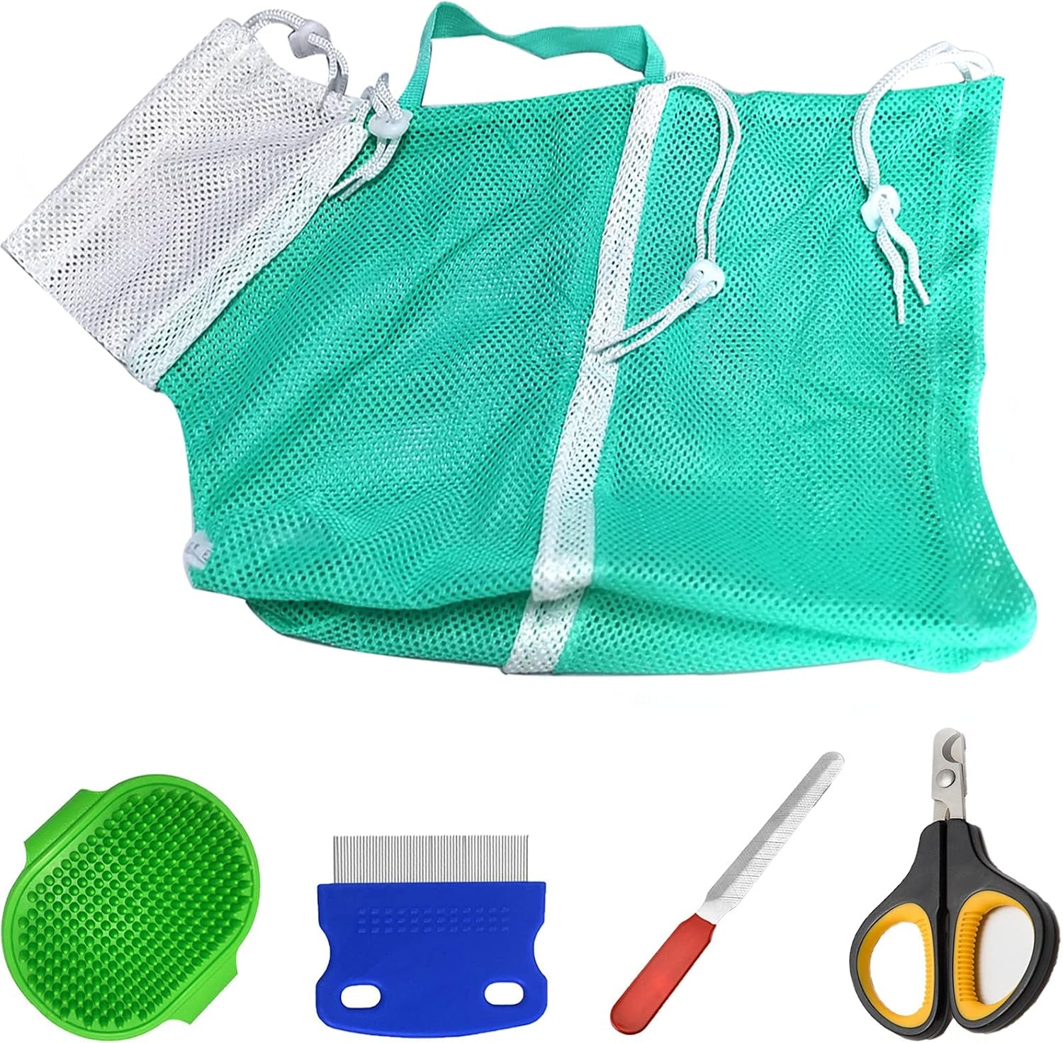 Cat Bathing Grooming Shower Net Bag Adjustable Multifunctional Breathable Anti-Bite and Anti-Scratch Restraint with Pets Nail Clippers and Trimmers for Cat’S Bathing Cleaning Tools (5Pcs Green)
