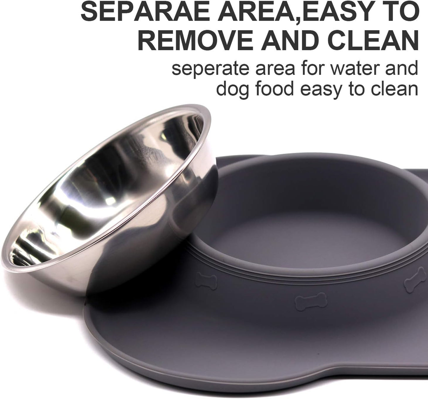 M&J Bone-Shaped Dog Bowl Stainless Steel Dog Bowl, 2 Medium-Sized Bowls (13.3 Ounces Each) Leak-Free, Non-Slip Silicone Pad, Used for Small Dogs, Pets, Cats Feeding Bowls,Gray
