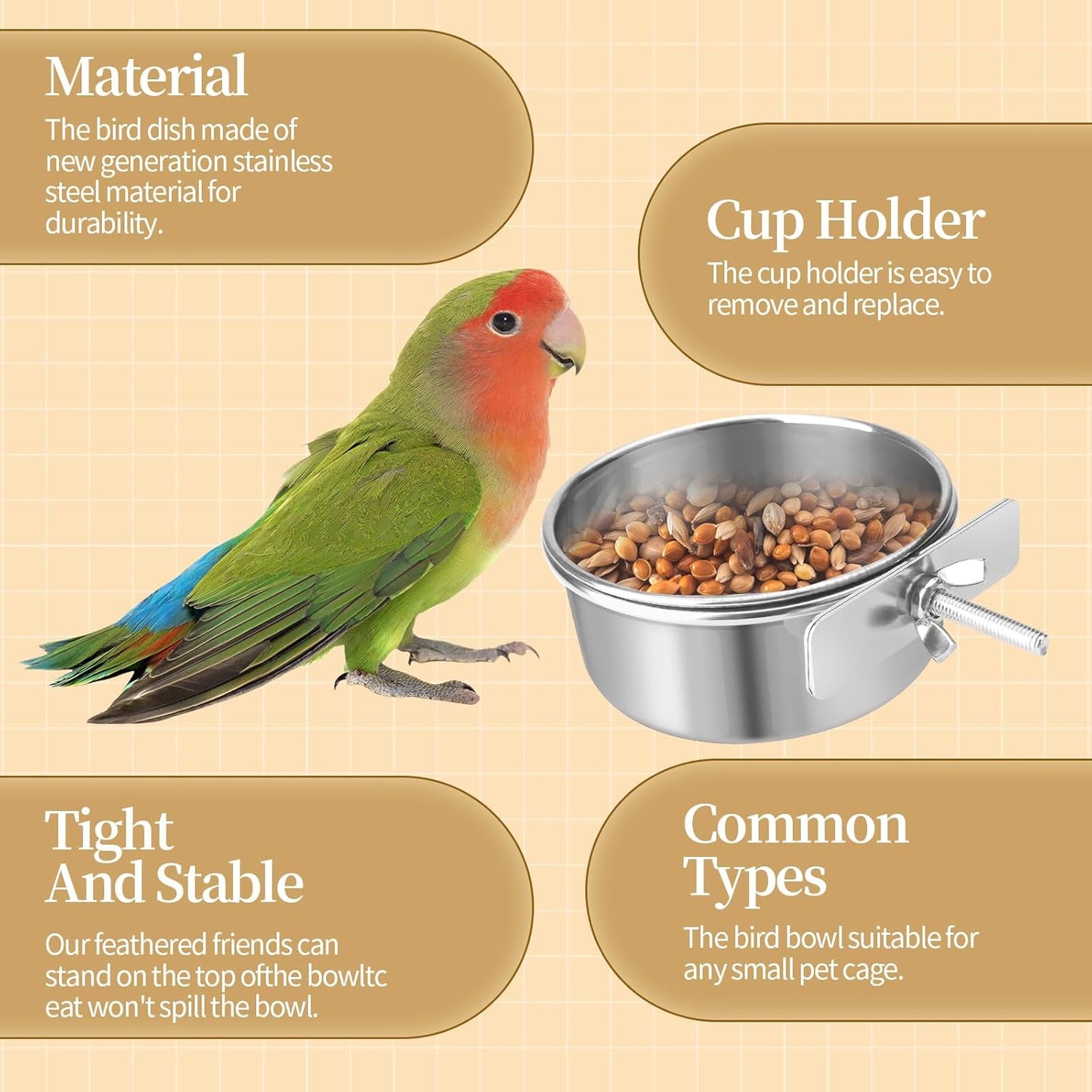 Bird Cage Feeder, Bird Feeder for Cage, 20OZ Stainless Steel Parrot Food Water Bowls with Clamp Holder, Hanging Feeding Dish Cups for Cockatiel Parakeet Conure Budgie Lovebird Small Animal