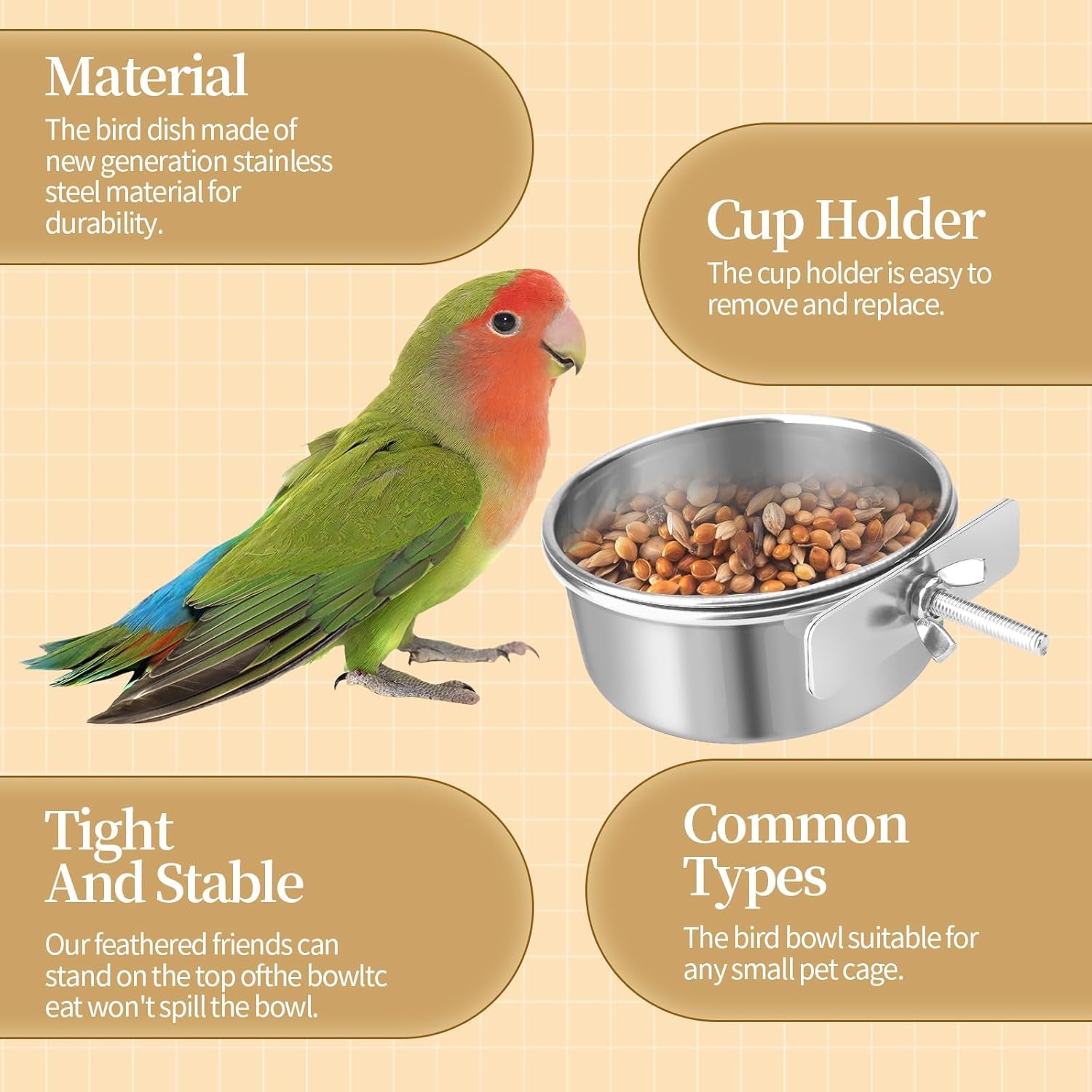Bird Cage Feeder, Bird Feeder for Cage, 20OZ Stainless Steel Parrot Food Water Bowls with Clamp Holder, Hanging Feeding Dish Cups for Cockatiel Parakeet Conure Budgie Lovebird Small Animal