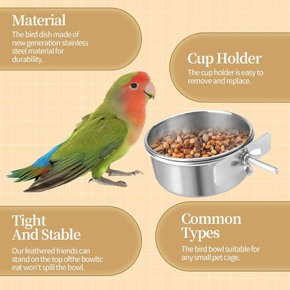 Bird Cage Feeder, Bird Feeder for Cage, 20OZ Stainless Steel Parrot Food Water Bowls with Clamp Holder, Hanging Feeding Dish Cups for Cockatiel Parakeet Conure Budgie Lovebird Small Animal