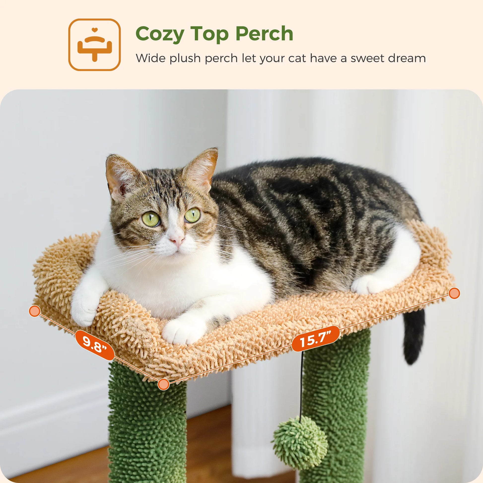 Cute Cactus Cat Tree Tower - 33" Scratching Post with Spacious Top Perch and Cozy Hammock for Medium Indoor Cats - Green