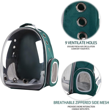Cat Backpack Bubble Carriers, Airline-Approved Ventilate Transparent Capsule Hands-Free Pet Backpack, for Cats Puppies Travelling Hiking Camping & Outdoor Use (Green)