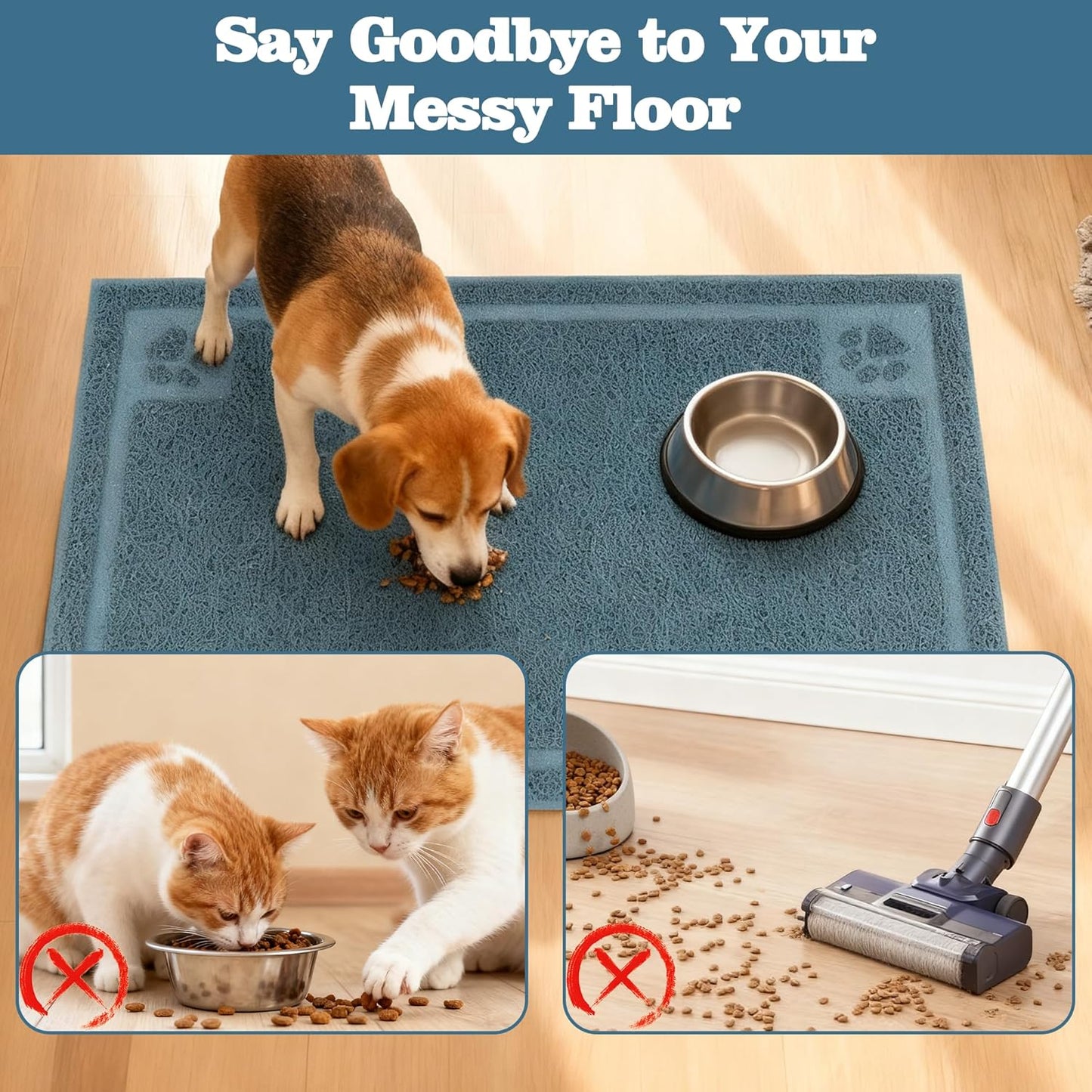 Pet Feeding Mat Large for Dogs and Cats,24"×16" Flexible and Easy to Clean Feeding Mat,Best for Non Slip Waterproof Feeding Mat. (Silver Blue)