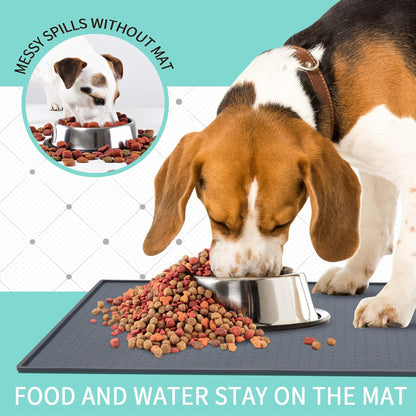 Silicone Dog Food Mat - Waterproof Dog Bowl Mats for Food and Water Bowls, Raised Edges Non-Slip Cat Food Mat, BPA Free Pet Mats for Dog Bowls (Small, Gray)