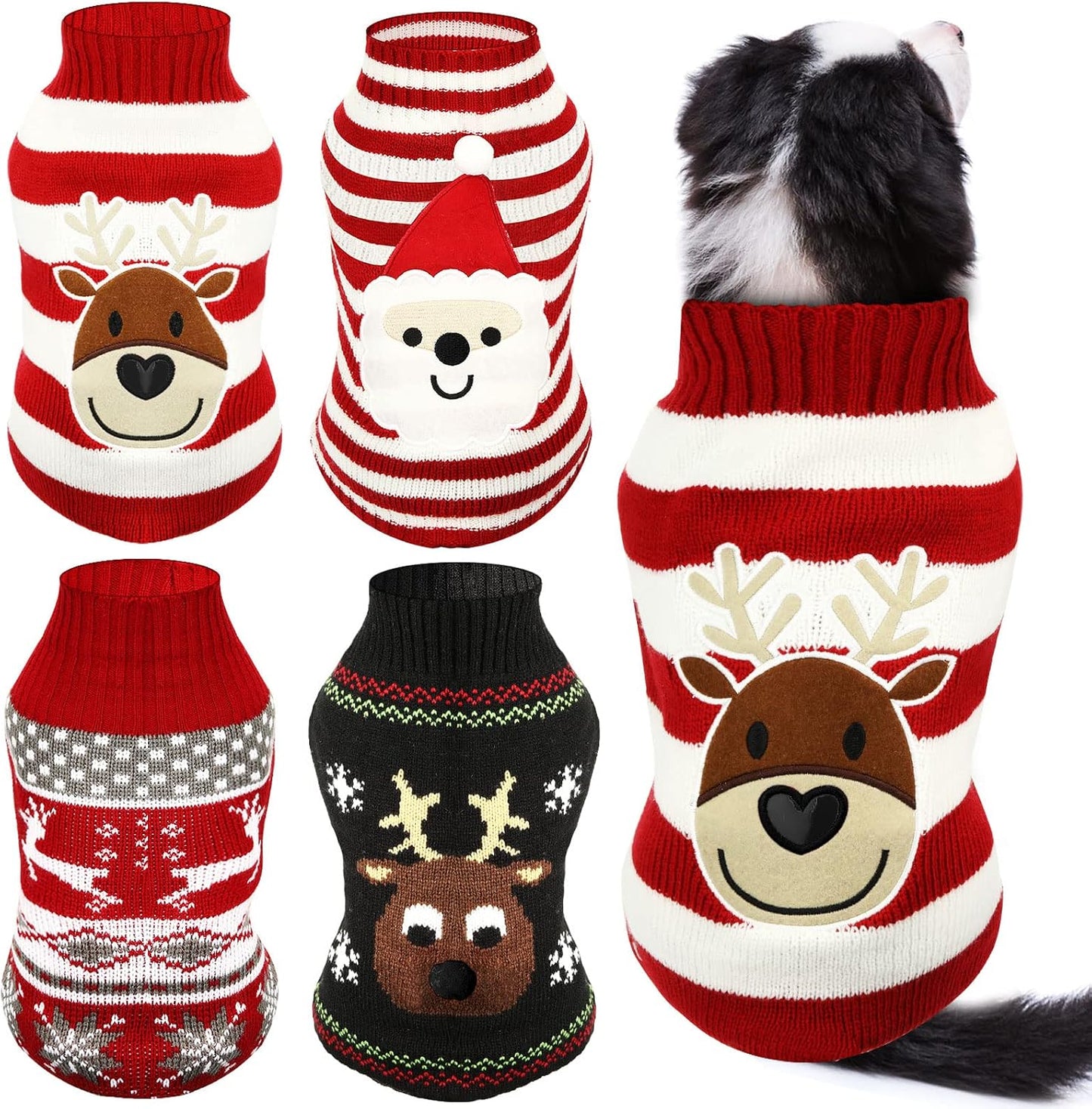 4 Pieces Christmas Dog Sweaters Halloween Puppy Holiday Sweaters Santa Reindeer Snowman Snowflake Pumpkin Pet Clothes for Xmas Dog Cat Costume(Medium,Cute Pattern)
