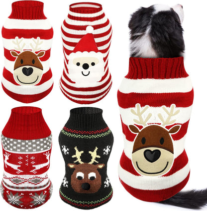 4 Pieces Christmas Dog Sweaters Halloween Puppy Holiday Sweaters Santa Reindeer Snowman Snowflake Pumpkin Pet Clothes for Xmas Dog Cat Costume(Medium,Cute Pattern)