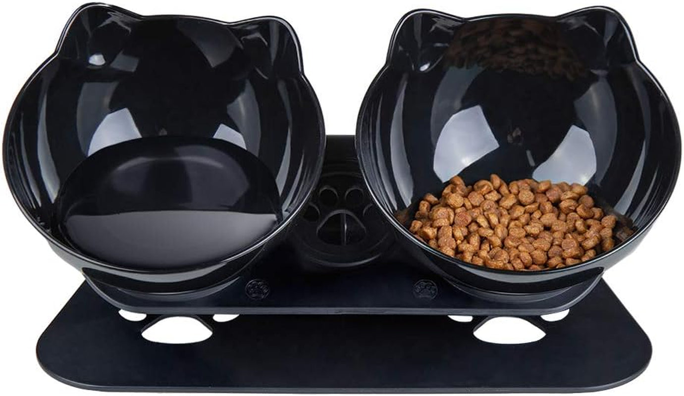 Cat Food Bowls Elevated Cat Bowls Tilted 15° Plastic Cat Dishes Double Raised Cat Bowl with Non-Slip Rubber Base Stand for Cats (Black)