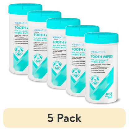 (5 Pack)  Plaque Tooth Wipes for Cats & Dogs, Soft and Gentle, Fresh Mint Flavor, 40 Count, Daily Oral Care for Pets, Pet Health Supplies