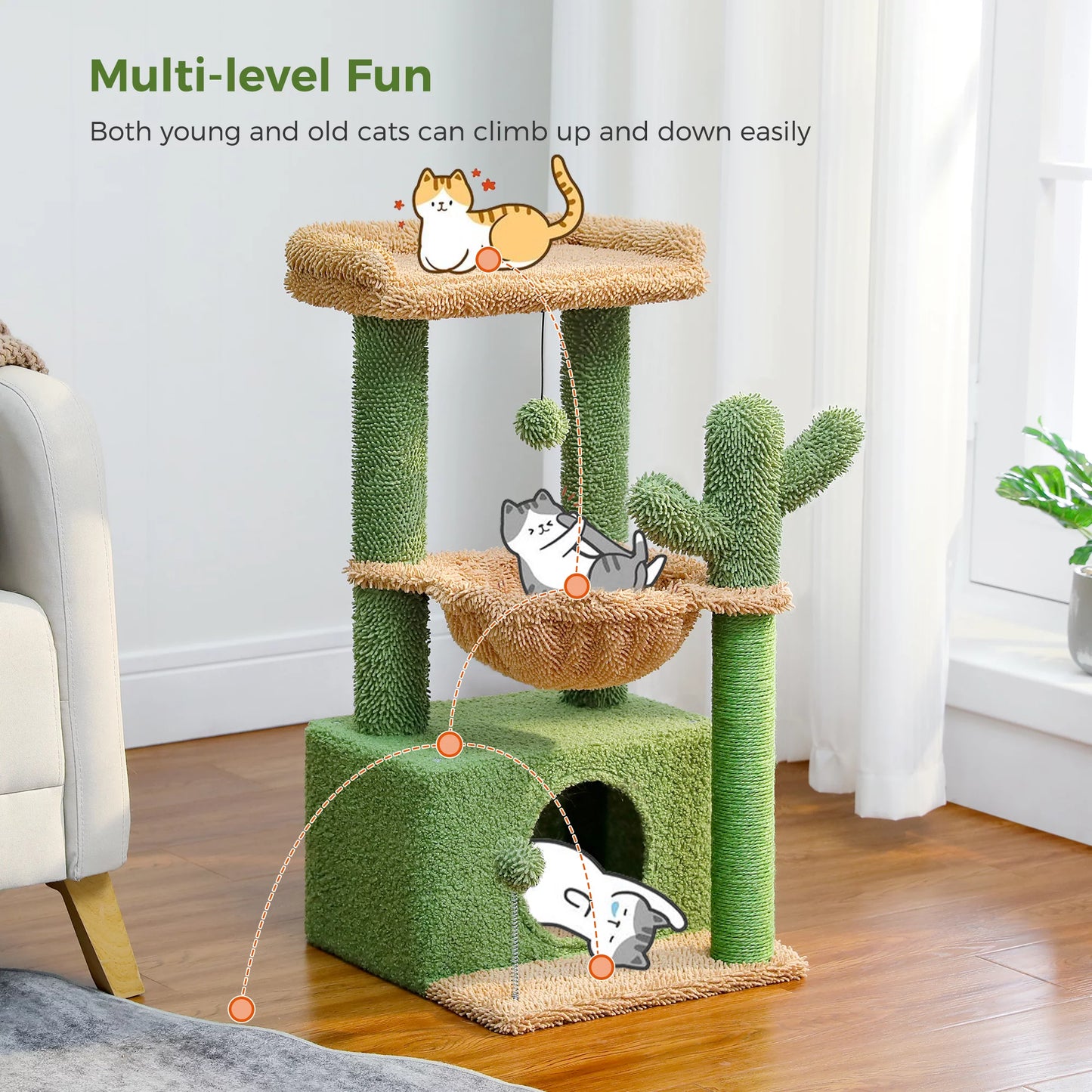 Cute Cactus Cat Tree Tower - 33" Scratching Post with Spacious Top Perch and Cozy Hammock for Medium Indoor Cats - Green