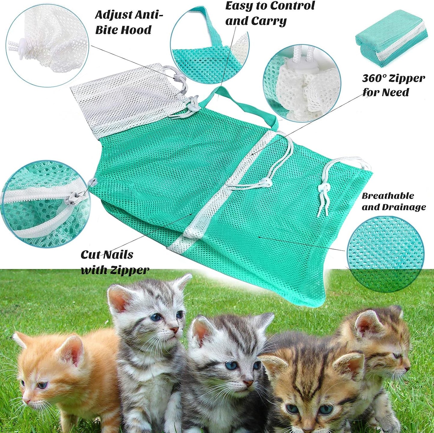 Cat Bathing Grooming Shower Net Bag Adjustable Multifunctional Breathable Anti-Bite and Anti-Scratch Restraint with Pets Nail Clippers and Trimmers for Cat’S Bathing Cleaning Tools (5Pcs Green)