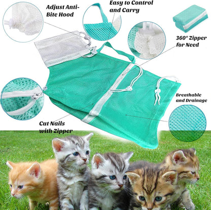 Cat Bathing Grooming Shower Net Bag Adjustable Multifunctional Breathable Anti-Bite and Anti-Scratch Restraint with Pets Nail Clippers and Trimmers for Cat’S Bathing Cleaning Tools (5Pcs Green)