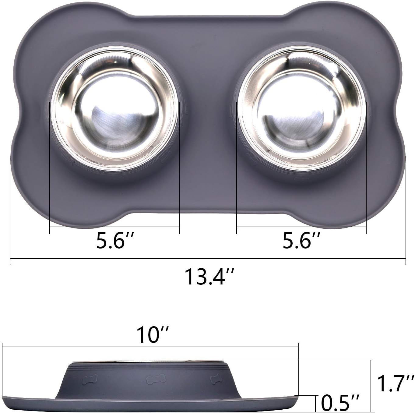 M&J Bone-Shaped Dog Bowl Stainless Steel Dog Bowl, 2 Medium-Sized Bowls (13.3 Ounces Each) Leak-Free, Non-Slip Silicone Pad, Used for Small Dogs, Pets, Cats Feeding Bowls,Gray
