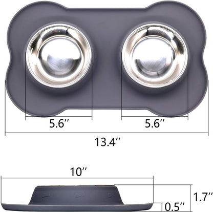 M&J Bone-Shaped Dog Bowl Stainless Steel Dog Bowl, 2 Medium-Sized Bowls (13.3 Ounces Each) Leak-Free, Non-Slip Silicone Pad, Used for Small Dogs, Pets, Cats Feeding Bowls,Gray
