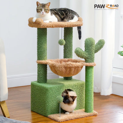Cute Cactus Cat Tree Tower - 33" Scratching Post with Spacious Top Perch and Cozy Hammock for Medium Indoor Cats - Green