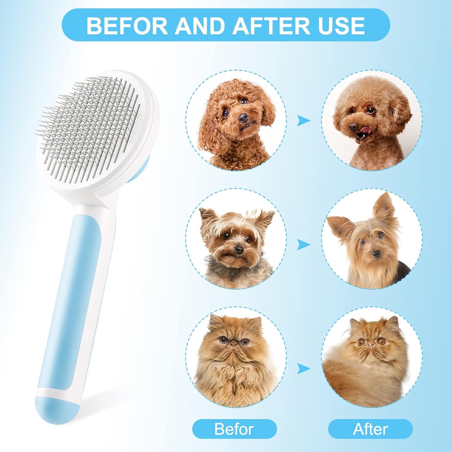 Self Cleaning Slicker Brush,Long & Short Hair Pets Gently Removes Loose Undercoat, Mats and Tangled Hair Dog & Cat Grooming Brush, Skin Friendly(Blue)