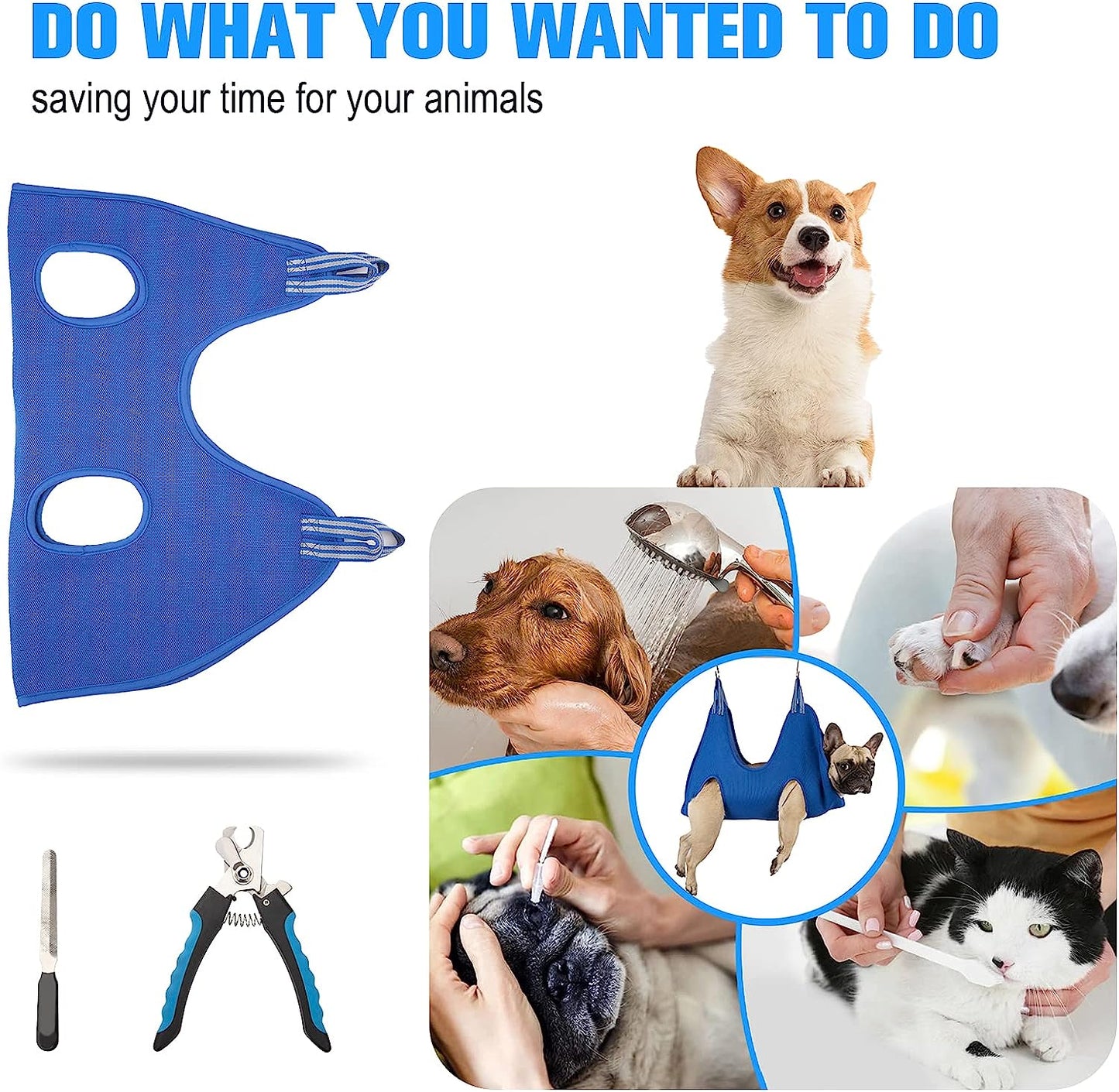 10 in 1 Dog Pet Grooming Hammock Harness with Nail Clippers/Trimmer, Dog Hammock for Nail Trim, Grooming Sling Hanger for Nail Trimming/Clipping (S/Under 30Lb, Blue)