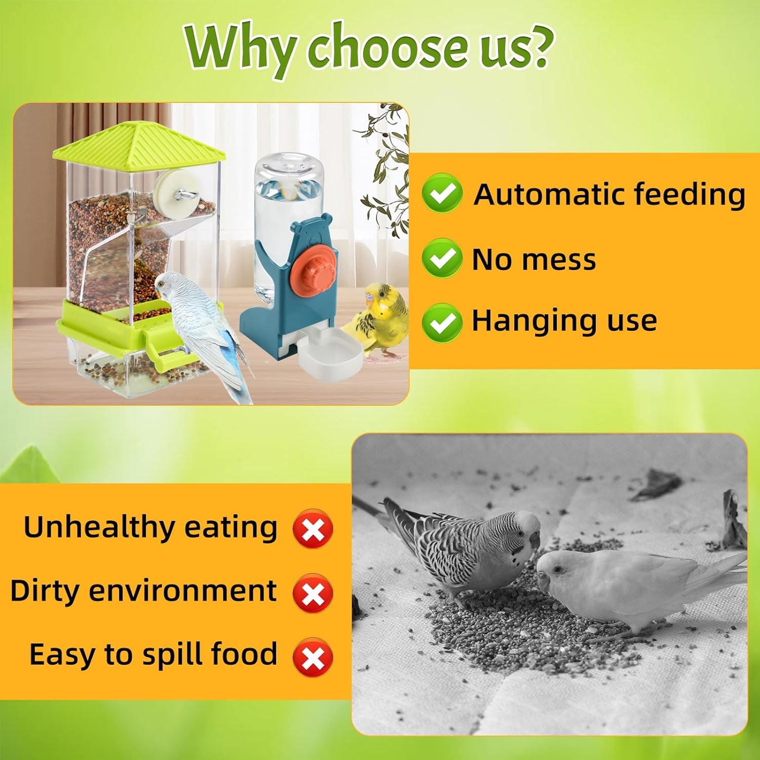 No Mess Bird Water Feeder Dispenser Set Automatic Bird Feeder for Cage Transparent Food Container for Cage Acrylic Parrot Seed Feeders Accessories for Small Birds Parrot Cockatoo Canary