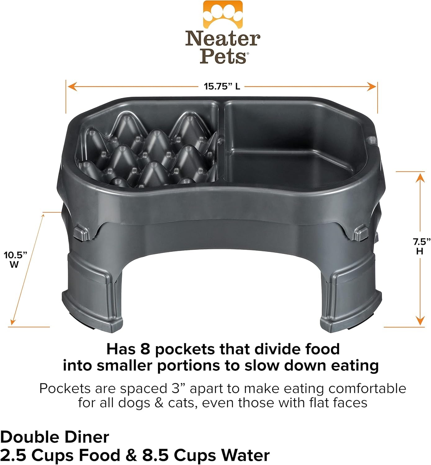 – Neater Raised Slow Feeder Dog Bowl – Elevated and Adjustable Food Height - (Double Diner, Gunmetal)