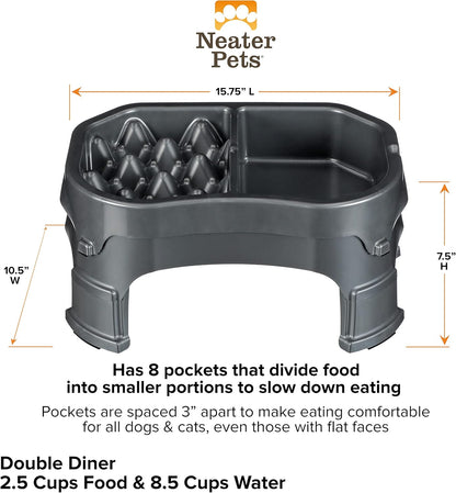 – Neater Raised Slow Feeder Dog Bowl – Elevated and Adjustable Food Height - (Double Diner, Gunmetal)