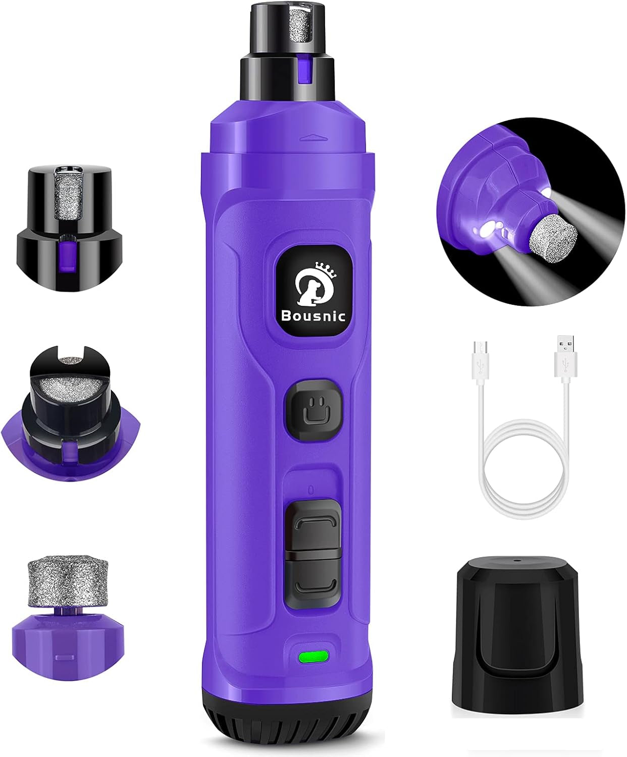 Dog Nail Grinder with 2 LED Light - Super Quiet Pet Nail Grinder Powerful 2-Speed Electric Dog Nail Trimmer File Toenail Grinder for Puppy Small Medium Large Breed Dogs & Cats (Purple)