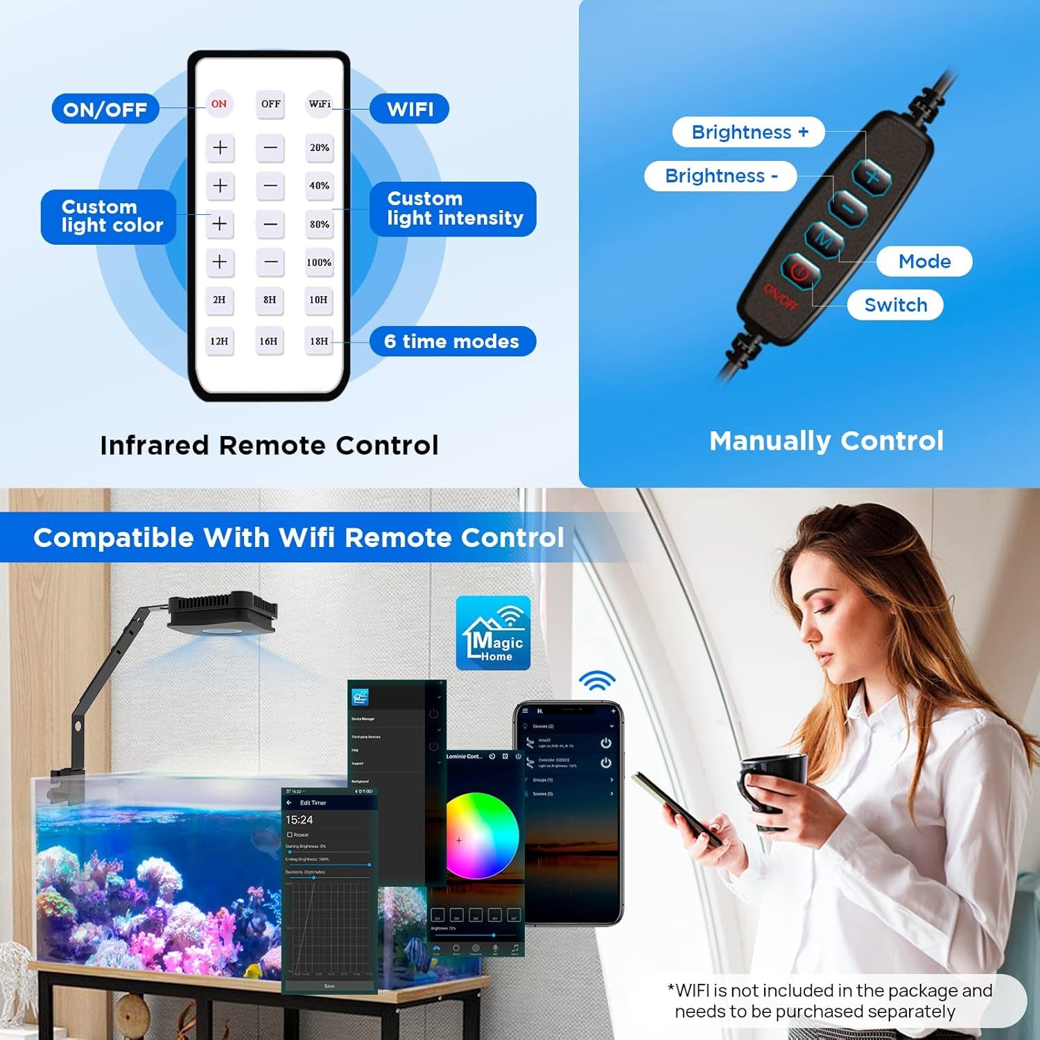 LED Aquarium Light Saltwater Aquarium Lamp 30W Full Spectrum with Remote Dimmable Nano Coral Reef Light for Fish Tank with Bracket