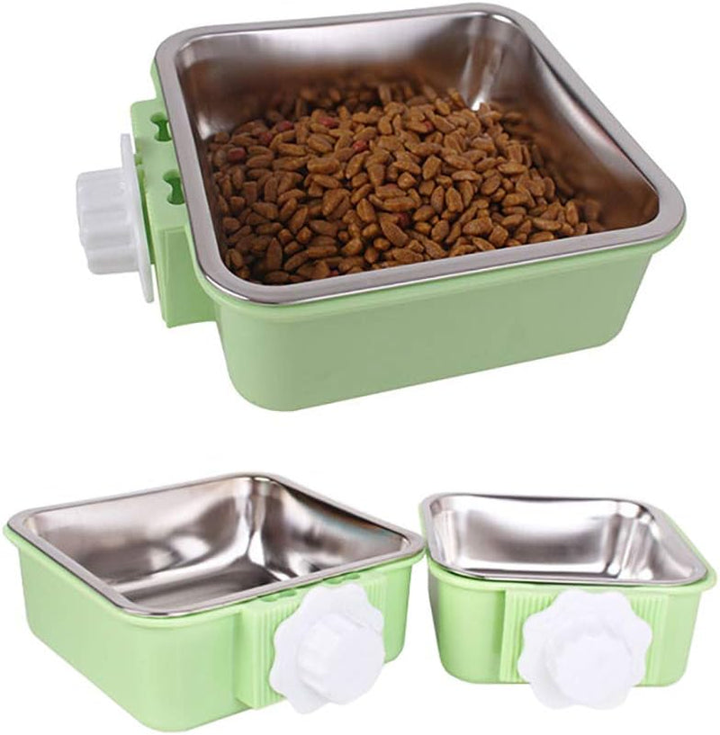 Crate Dog Bowl, Removable Stainless Steel Water Food Feeder Bowls Hanging Pet Cage Bowl Cage Coop Cup for Dogs Cats Puppy Rabbits Bird and Small Pets (Large (Pack of 2), Square (Green+Pink))