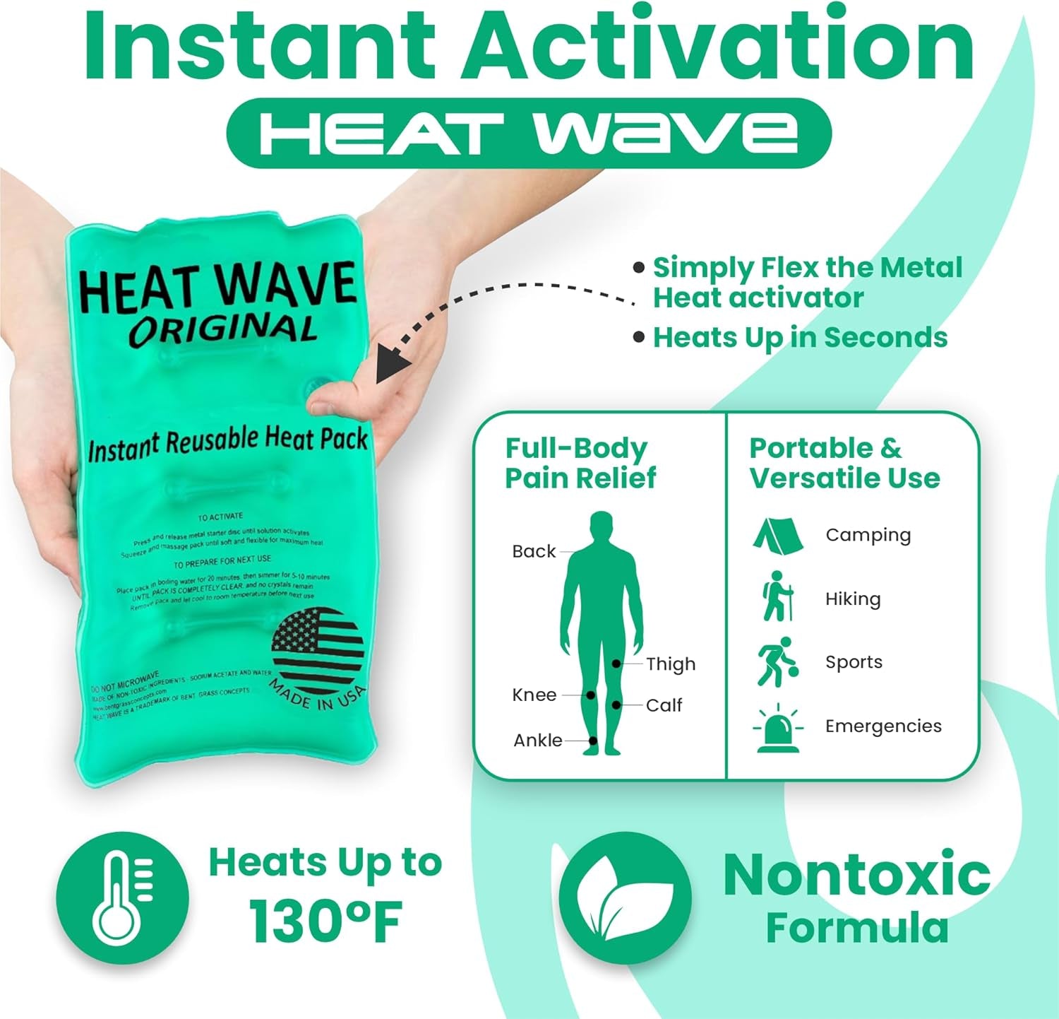 Instant Heat Packs Medium (5×9”)- Medical Grade Reusable Green 1-Pack Fast and HOT - Made in USA for Muscle Aches, Back, Arm, Shoulder, Pain Relief, Warmth on the Go; Heating Pad Click Heat