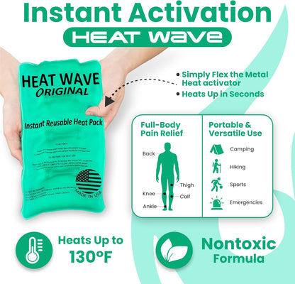 Instant Heat Packs Medium (5×9”)- Medical Grade Reusable Green 1-Pack Fast and HOT - Made in USA for Muscle Aches, Back, Arm, Shoulder, Pain Relief, Warmth on the Go; Heating Pad Click Heat