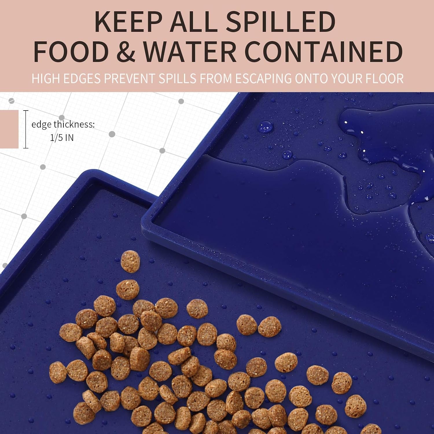 Silicone Dog Food Mat - Waterproof Dog Bowl Mats for Food and Water Bowls, Raised Edges Non-Slip Cat Food Mat, BPA Free Pet Mats for Dog Bowls (Small, Navy)
