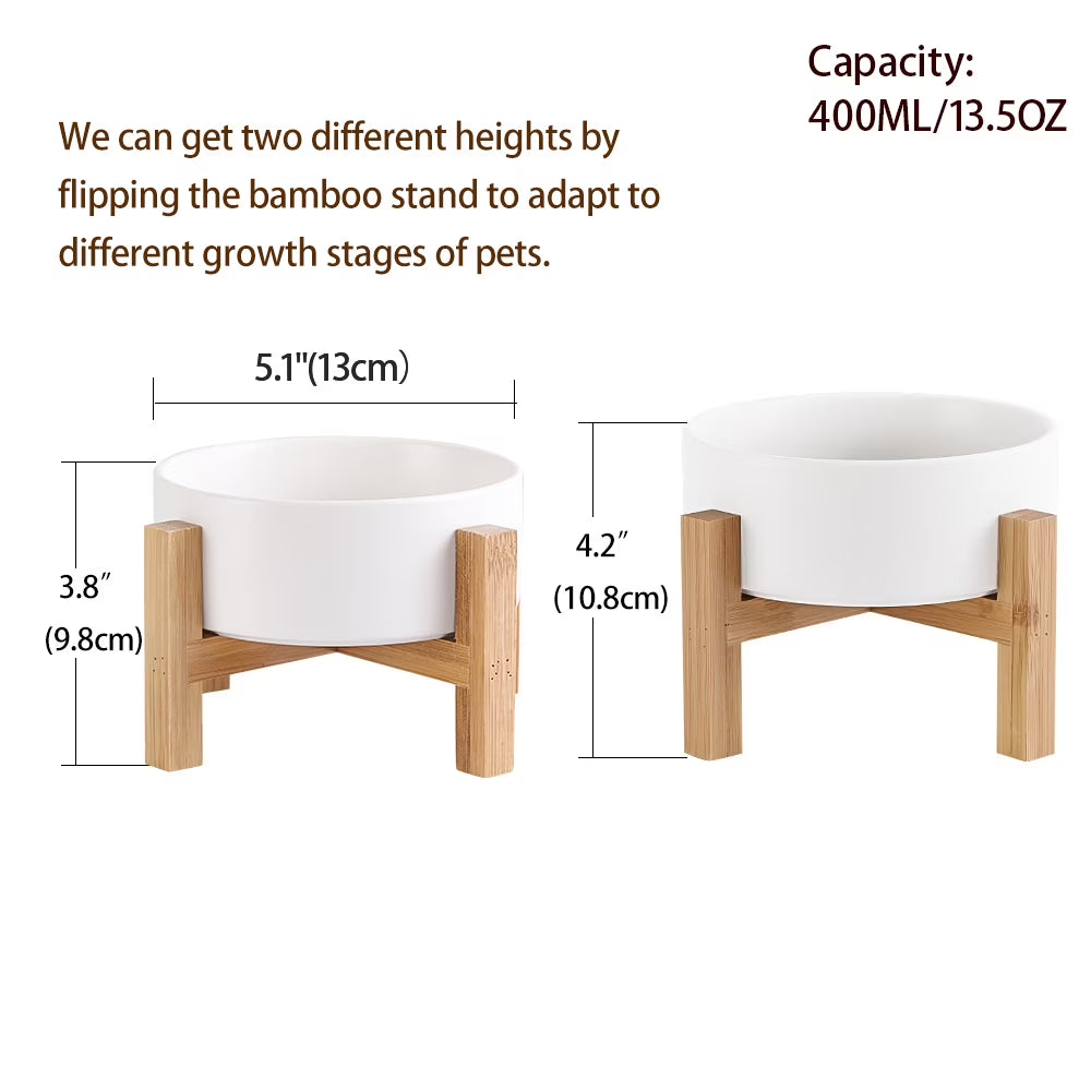 Lionwei Elevated Ceramic Cat & Dog Bowl with Non-Slip Wooden Stand for Pets, Solid
