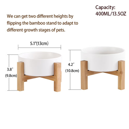 Lionwei Elevated Ceramic Cat & Dog Bowl with Non-Slip Wooden Stand for Pets, Solid