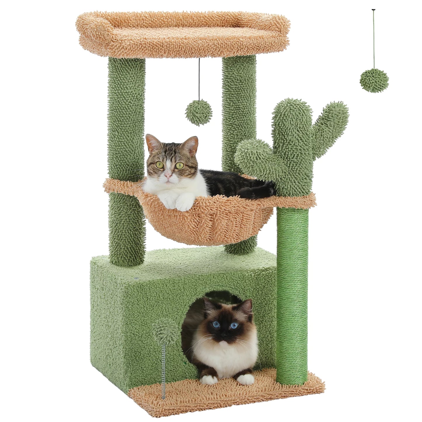 Cute Cactus Cat Tree Tower - 33" Scratching Post with Spacious Top Perch and Cozy Hammock for Medium Indoor Cats - Green