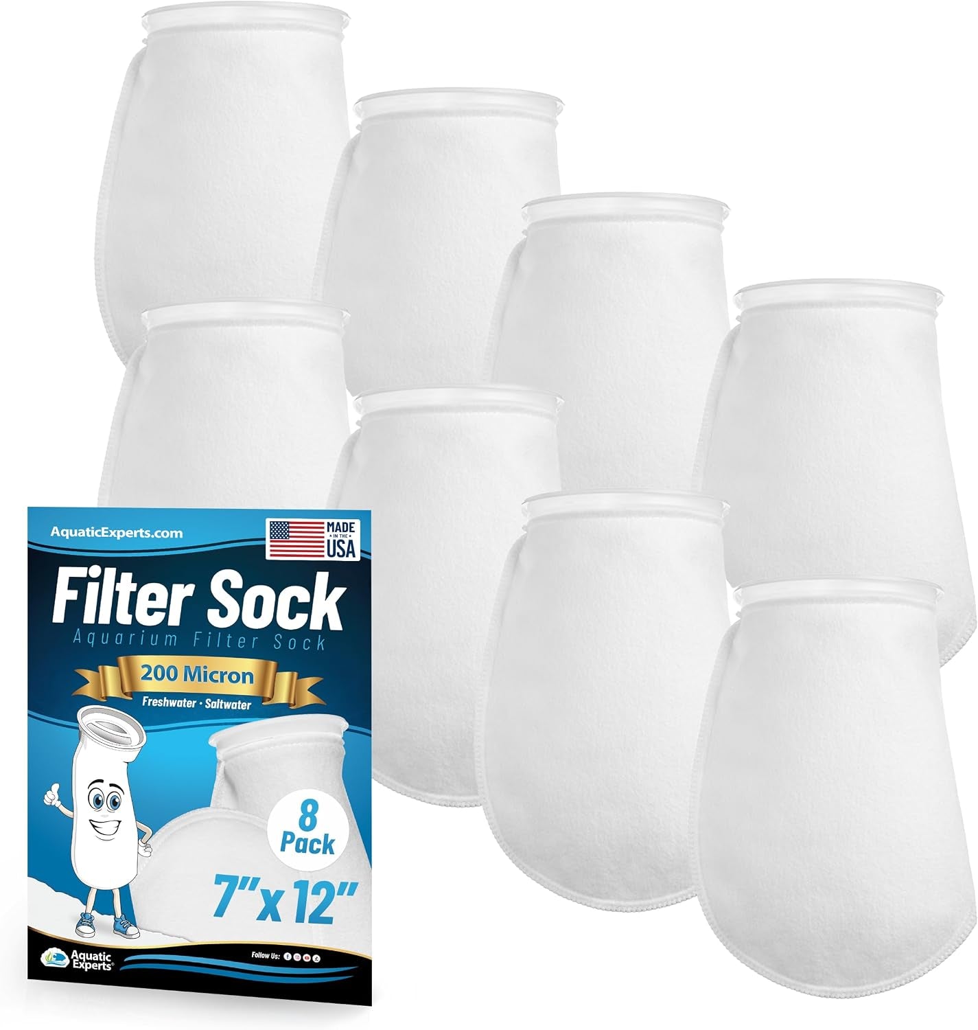 Felt Filter Socks – 7 Inch Ring Style, 200 Micron Aquarium Filter Sock for Sumps & Aquariums (7" X 12", 8 Pack)